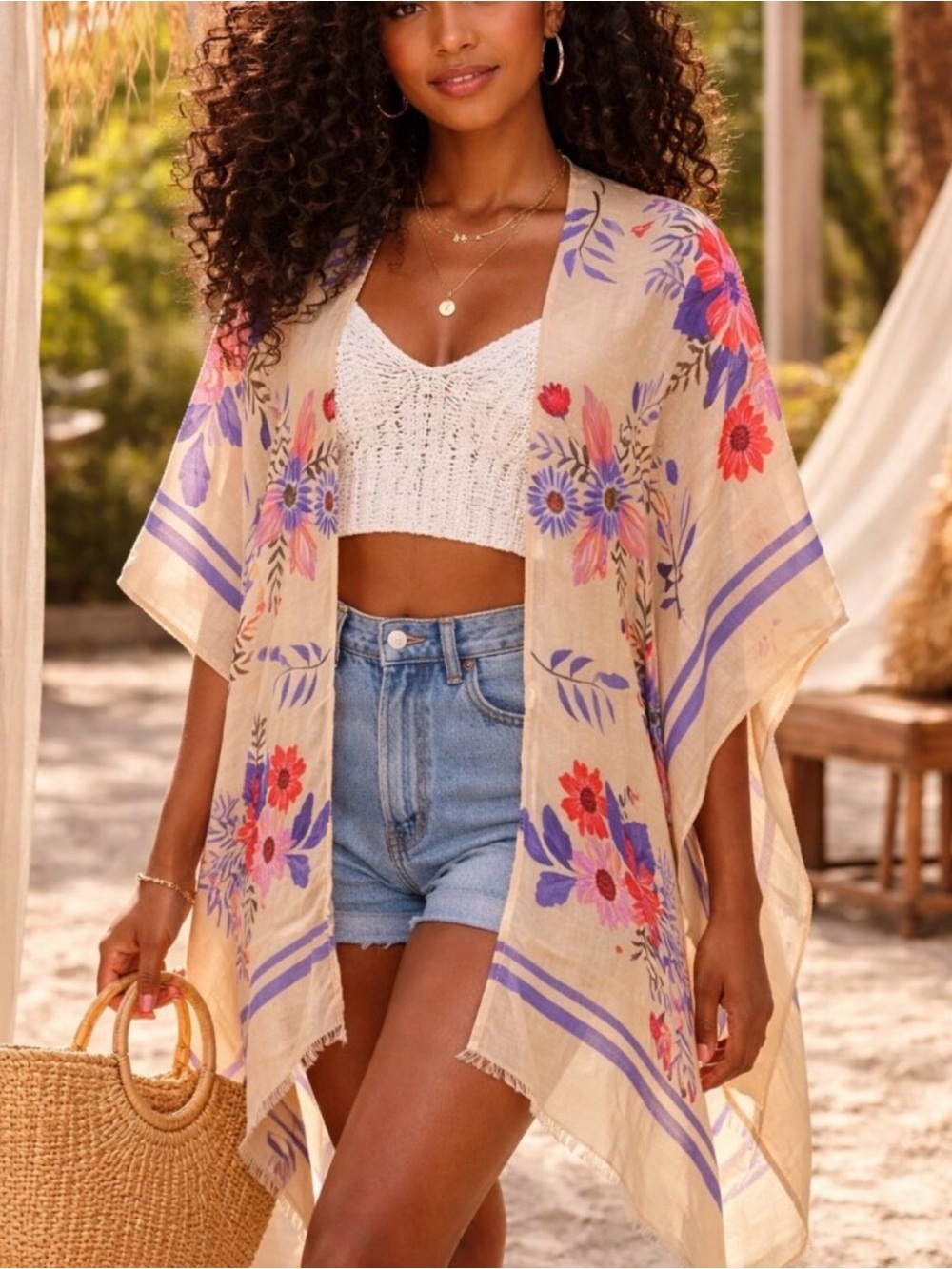 Light Weight Floral Kimono Fringe Cream Lavender One Size NEW
